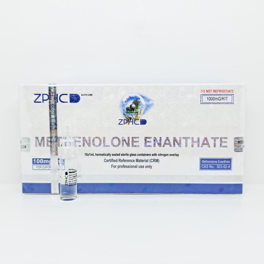 Methenolone Enanthate 100mg/ml 1ml ZPHC ampoule, representing a mild anabolic steroid used for lean muscle gain, strength enhancement, and cutting cycles.