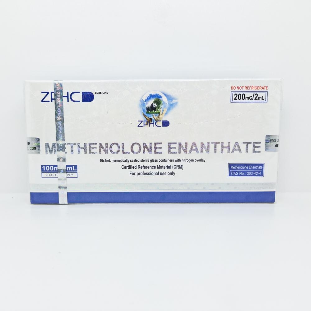 Methenolone Enanthate 100mg/ml 2ml ZPHC ampoule, representing a mild anabolic steroid used for lean muscle gain, strength enhancement, and cutting cycles.