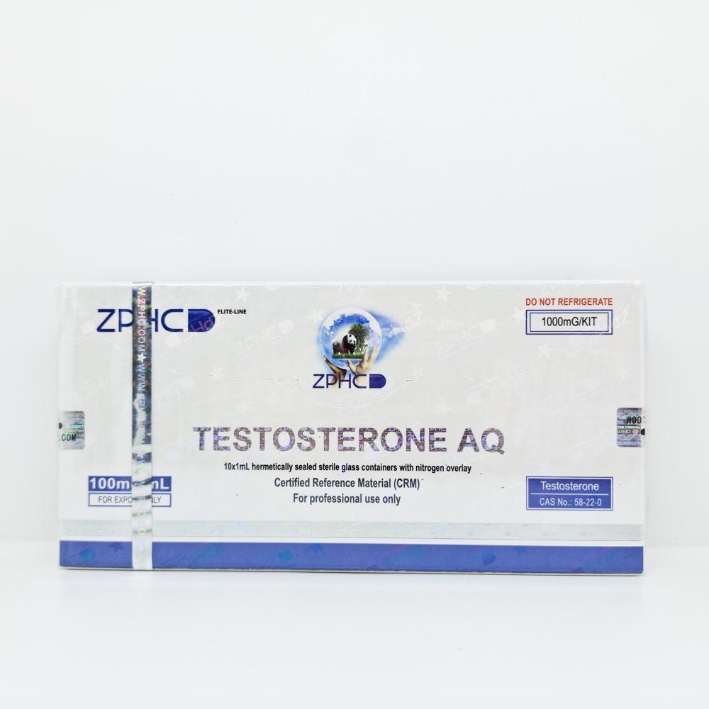 Testosterone AQ 100mg/ml 1ml ZPHC ampoule, representing a fast-acting anabolic steroid used for rapid muscle gains, strength enhancement, and cutting or bulking cycles.