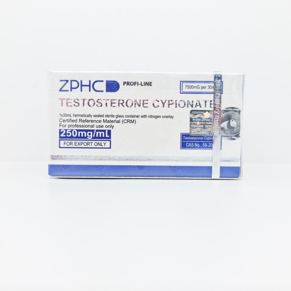 Testosterone Cypionate 250mg/ml 30ml ZPHC vial, representing a long-acting anabolic steroid used for muscle mass gain, strength enhancement, and hormone replacement therapy.