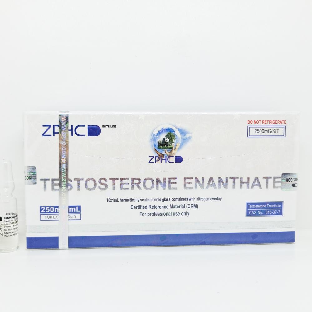 Testosterone Enanthate 250mg/ml 1ml ZPHC ampoule, representing a long-acting anabolic steroid used for muscle mass gain, strength enhancement, and hormone replacement therapy.