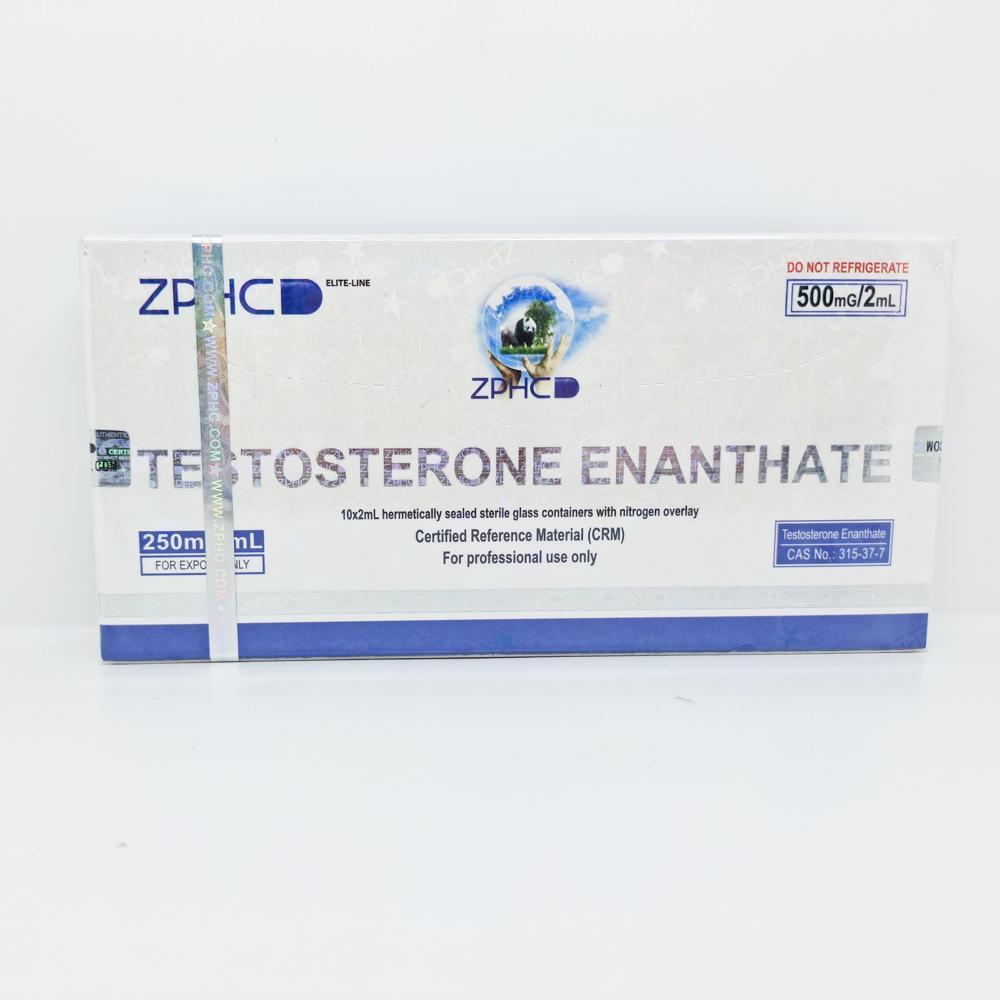 Testosterone Enanthate 250mg/ml 2ml ZPHC ampoule, representing a long-acting anabolic steroid used for muscle mass gain, strength enhancement, and hormone replacement therapy.