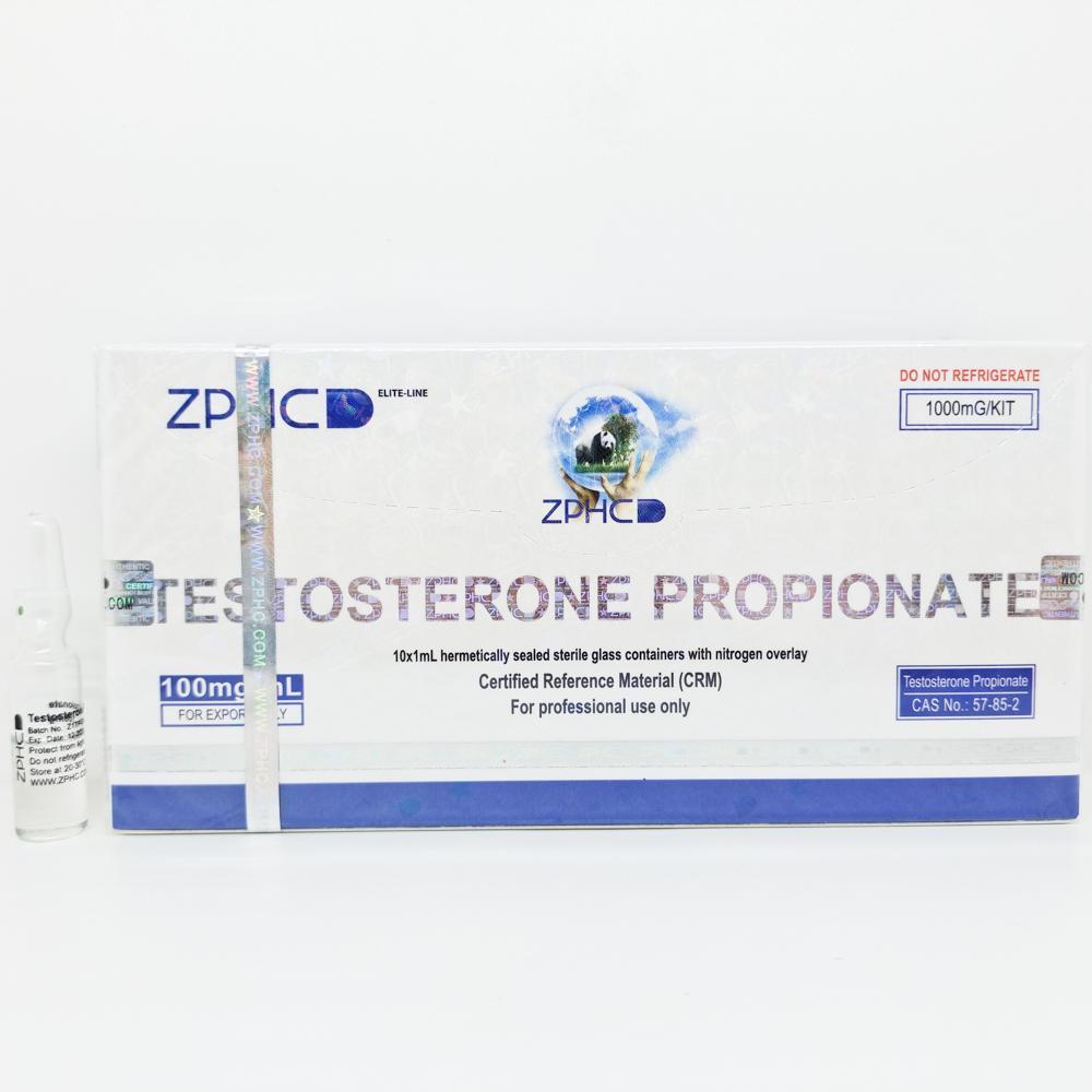 Testosterone Propionate 100mg/ml 1ml ZPHC ampoule, representing a fast-acting anabolic steroid used for rapid muscle gains, strength enhancement, and cutting cycles.