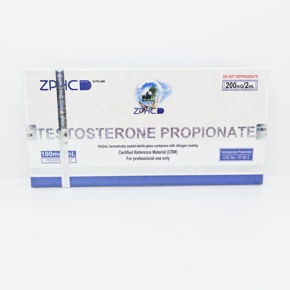 Testosterone Propionate 100mg/ml 2ml ZPHC ampoule, representing a fast-acting anabolic steroid used for rapid muscle mass gain, strength enhancement, and cutting cycles.