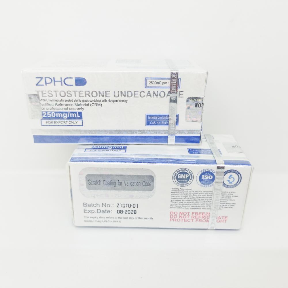 Testosterone Undecanoate 250mg/ml 10ml ZPHC vial, representing a long-acting anabolic steroid used for muscle mass gain, strength enhancement, and hormone replacement therapy.