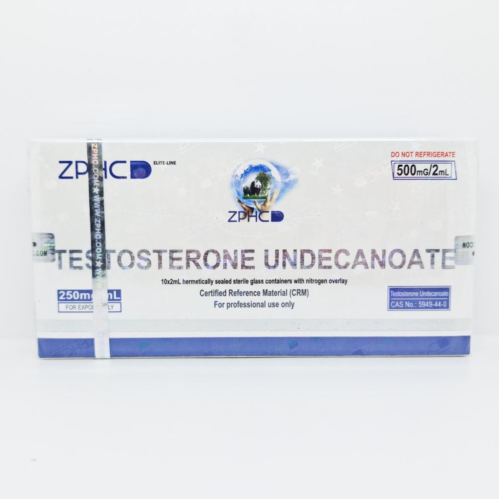 Testosterone Undecanoate 250mg/ml 2ml ZPHC ampoule, representing a long-acting anabolic steroid used for sustained muscle mass gain, strength enhancement, and hormone replacement therapy.
