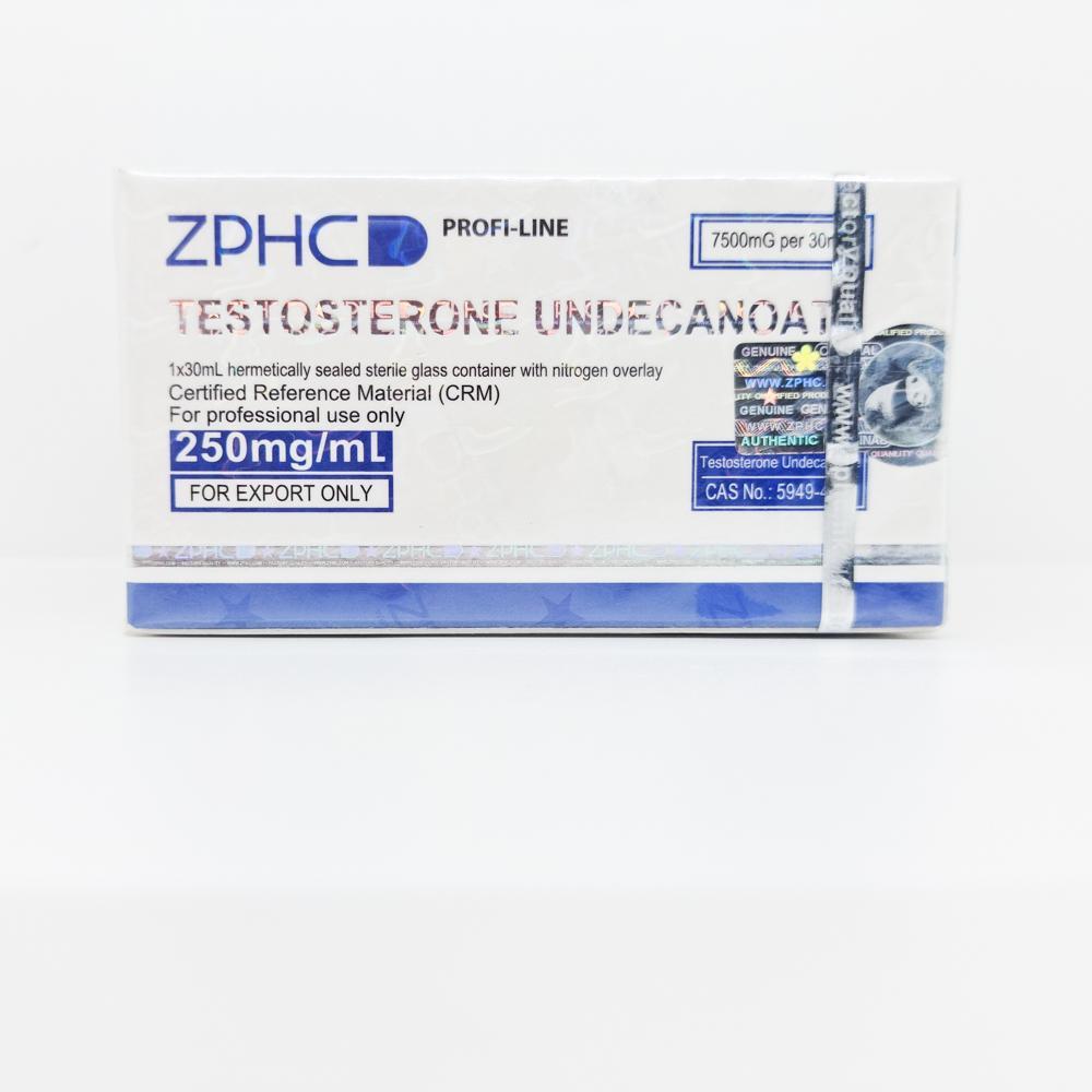 Testosterone Undecanoate 250mg/ml 30ml ZPHC vial, representing a long-acting anabolic steroid used for muscle mass gain, strength enhancement, and testosterone replacement therapy.