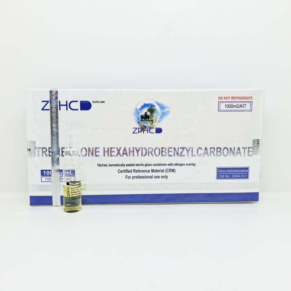 Trenbolone Hexahydrobenzylcarbonate 100mg/ml 1ml ZPHC ampoule, representing a potent anabolic steroid used for muscle mass gain, strength enhancement, and cutting cycles.