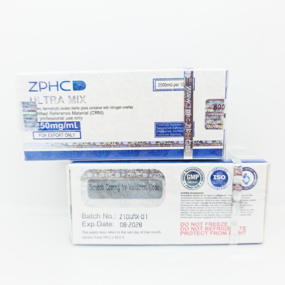 ULTRA MIX 250mg/ml 10ml ZPHC vial, representing a potent anabolic steroid blend used for muscle mass gain, strength enhancement, and improved endurance.