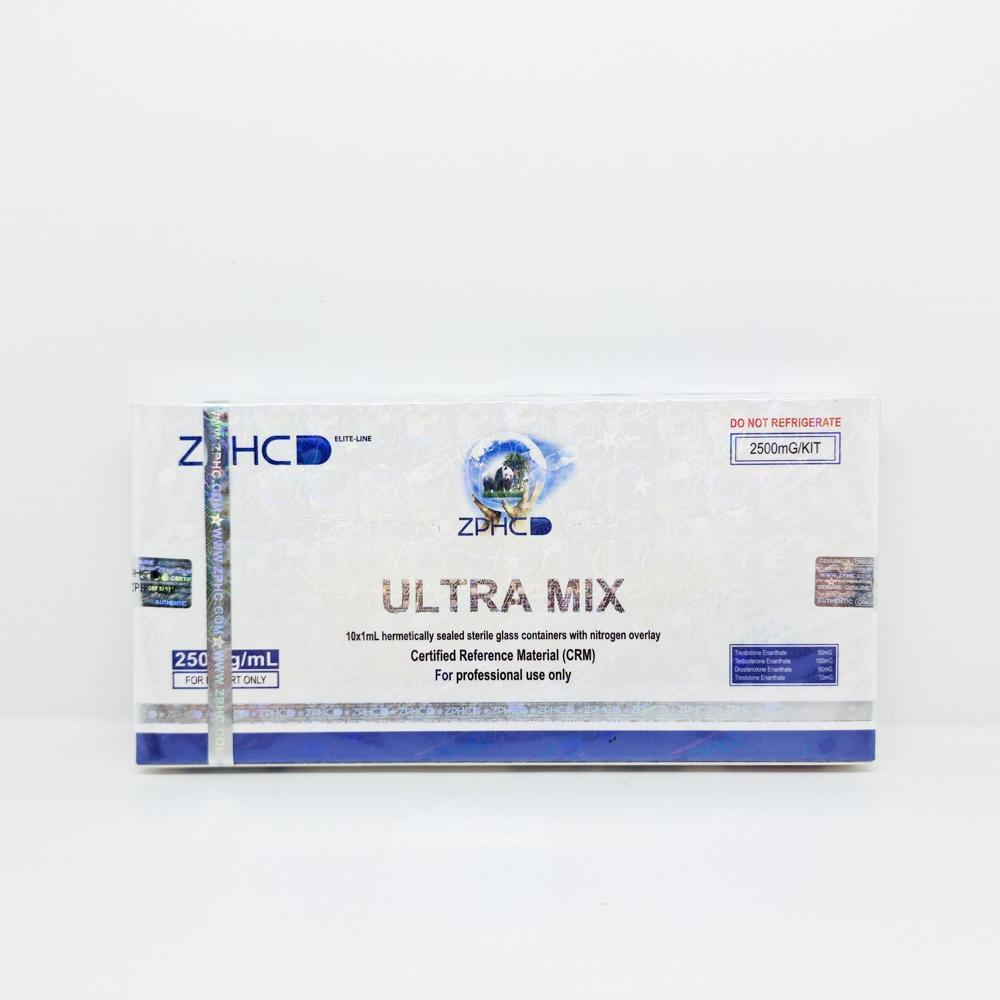 Ultra MIX 250mg/ml 1ml ZPHC ampoule, representing a comprehensive anabolic steroid blend used for muscle mass gain, strength enhancement, and cutting or bulking cycles.