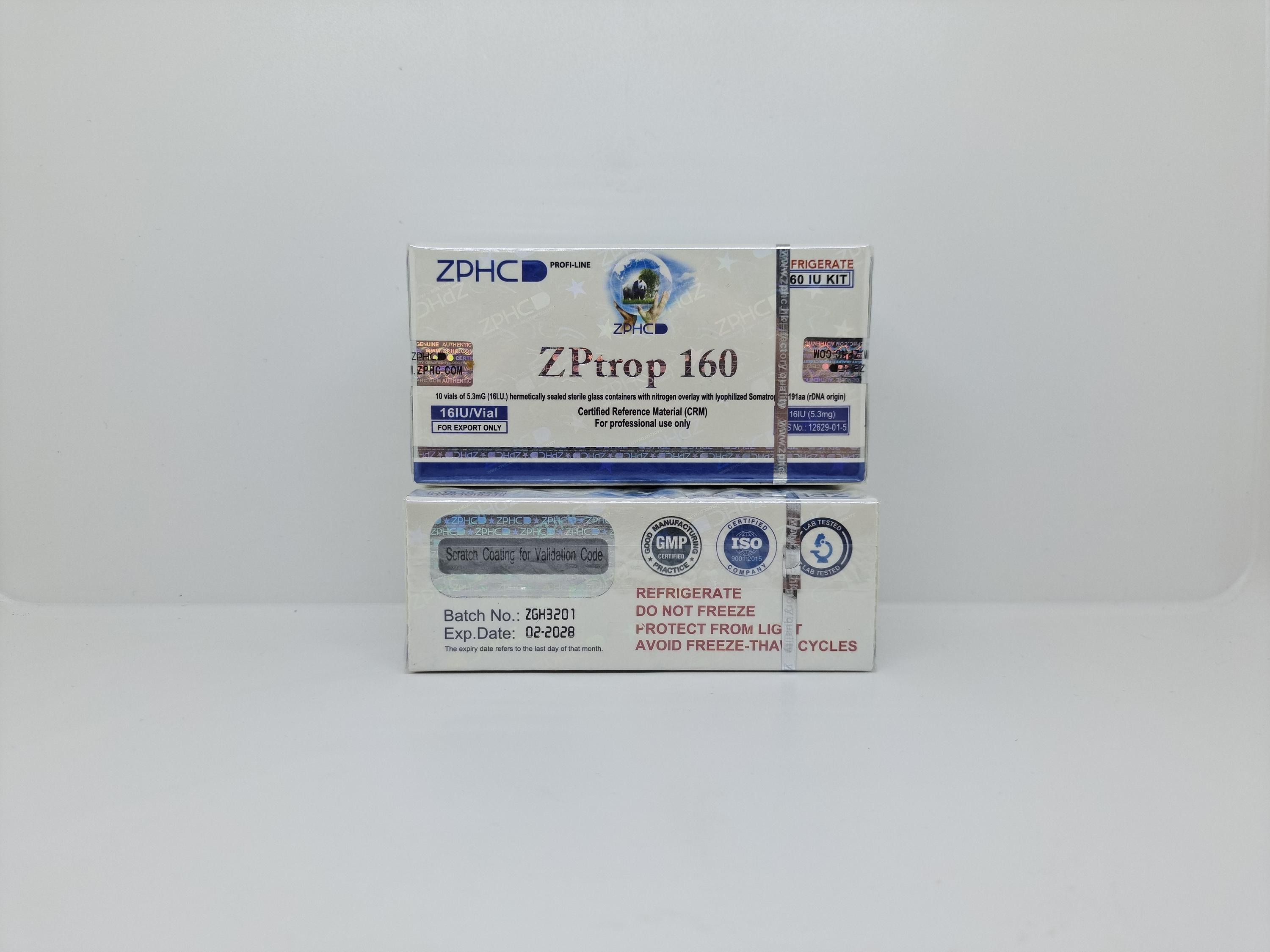 ZPtropin HGH 160iu ZPHC package, representing a high-potency human growth hormone used for muscle growth, fat loss, and anti-aging benefits.