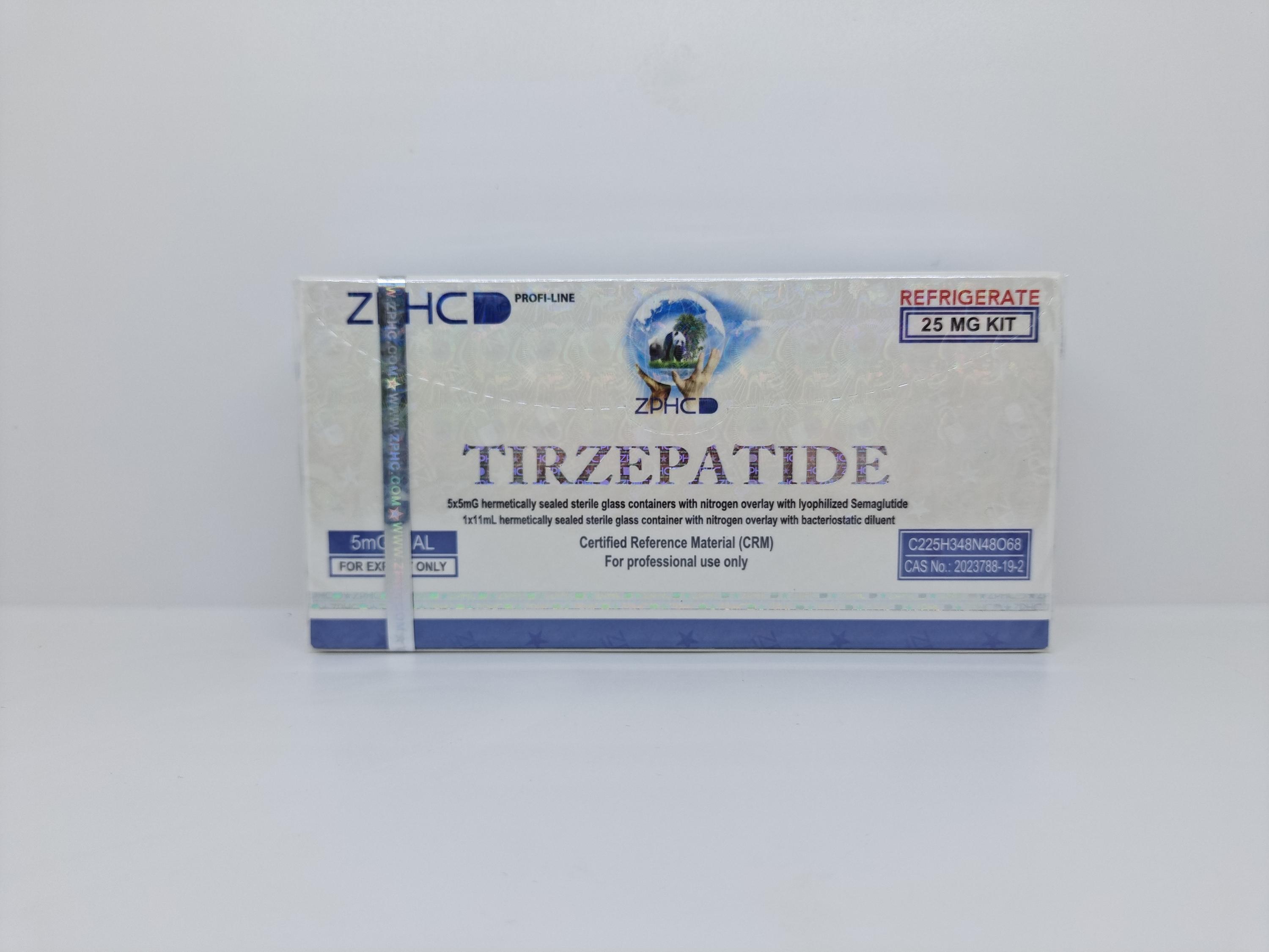 Tirzepatide 5mg ZPHC vial, representing a medication used for managing blood sugar levels and aiding in weight loss.