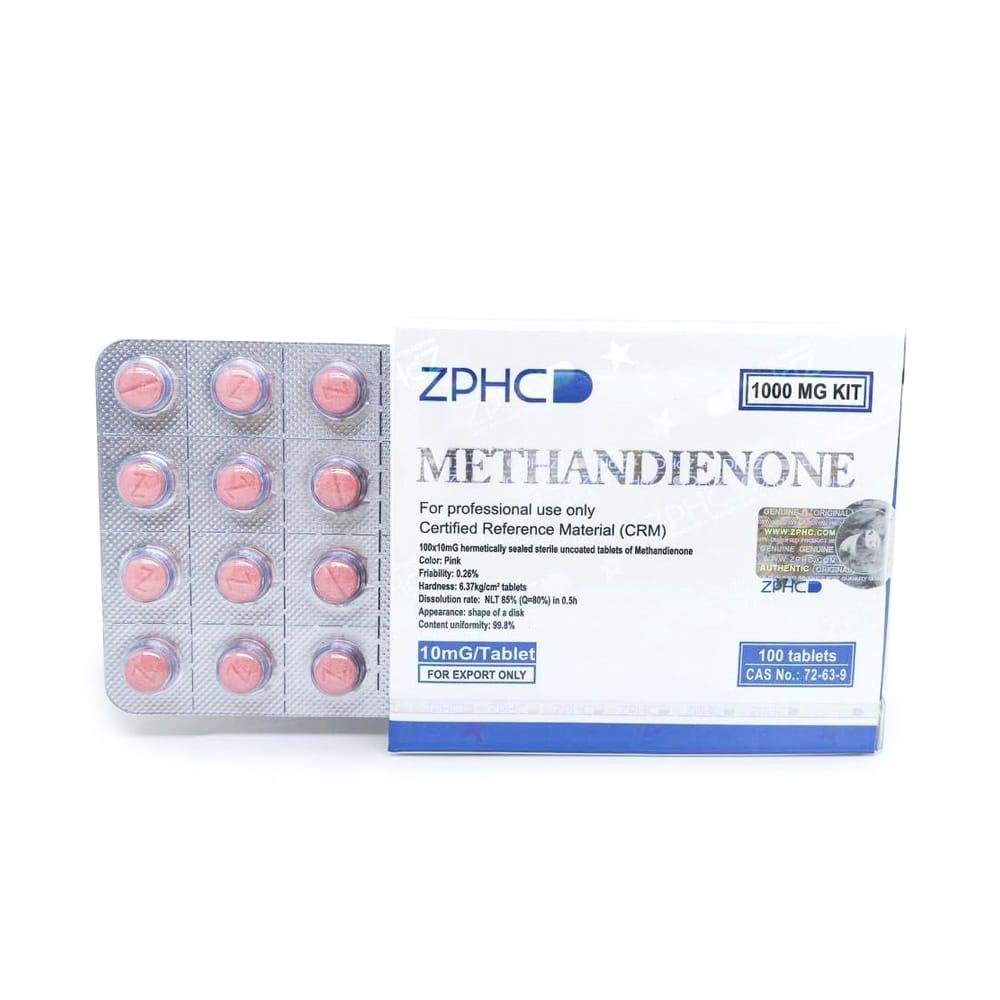 Methandienone 10mg ZPHC tablets arranged in a blister pack, representing a potent anabolic steroid used for muscle growth and strength enhancement.