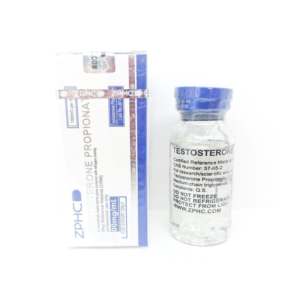 Testosterone Propionate 100mg/ml 10ml ZPHC vial, representing a fast-acting anabolic steroid used for muscle mass and strength enhancement.