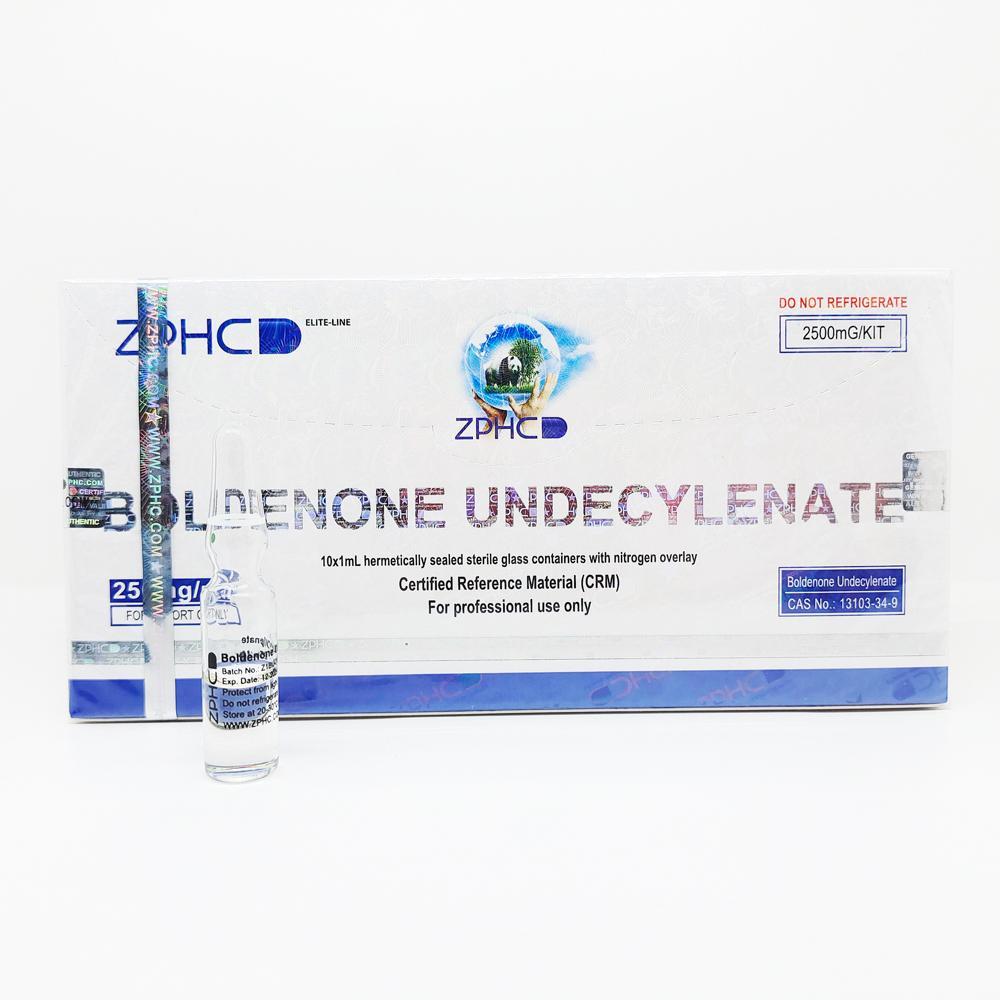 Boldenone Undecylenate 250mg/ml 1ml ZPHC ampoule, representing an anabolic steroid used for lean muscle gain, strength enhancement, and increased endurance.
