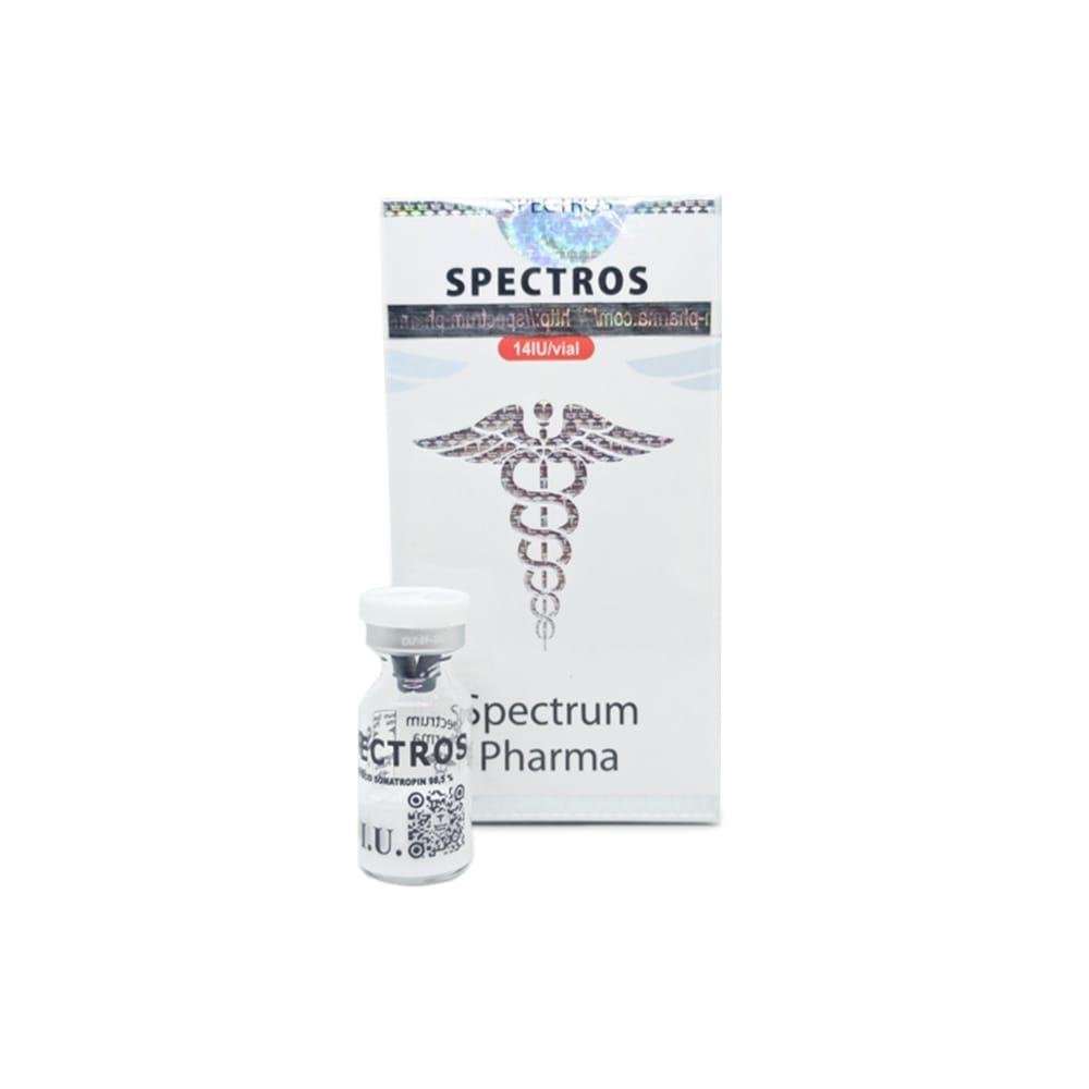 SPECTROS 140IU HGH Spectrum Pharma vial, representing a premium human growth hormone used for muscle growth, fat loss, and anti-aging benefits.