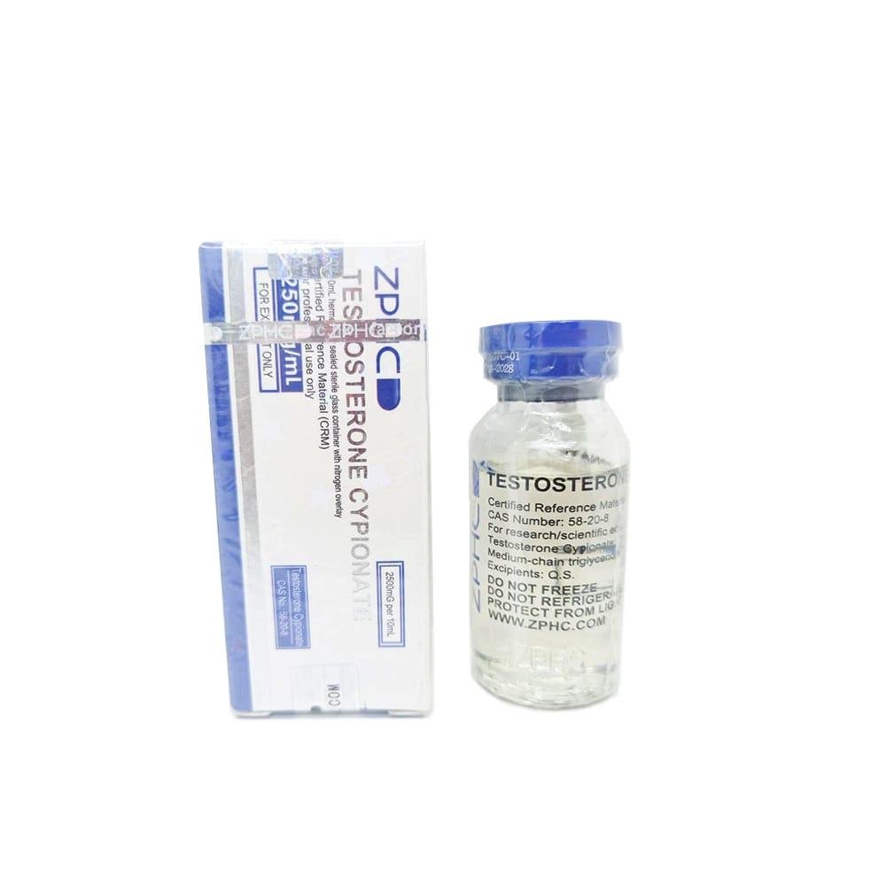 Testosterone Cypionate 250mg/ml 10ml ZPHC vial, representing a long-acting anabolic steroid used for muscle mass gain, strength enhancement, and hormone replacement therapy.