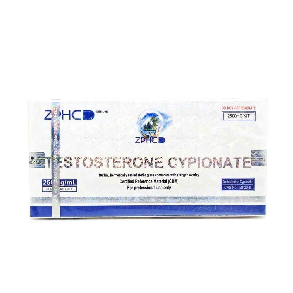 Testosterone Cypionate 250mg/ml 1ml ZPHC ampoule, representing a long-acting anabolic steroid used for muscle mass gain, strength enhancement, and hormone replacement therapy.