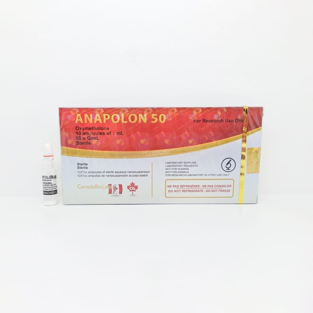 ANAPOLON 50 1ml CanadaBioLabs ampoule, representing a potent anabolic steroid used for rapid muscle mass gain and strength enhancement during intense bulking cycles.