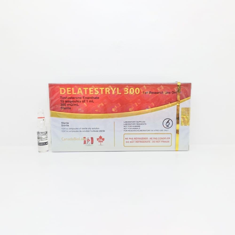 DELATESTRYL 300 (Test E) 1ml CanadaBioLabs ampoule, representing a long-acting anabolic steroid used for muscle mass gain, strength enhancement, and hormone replacement therapy.