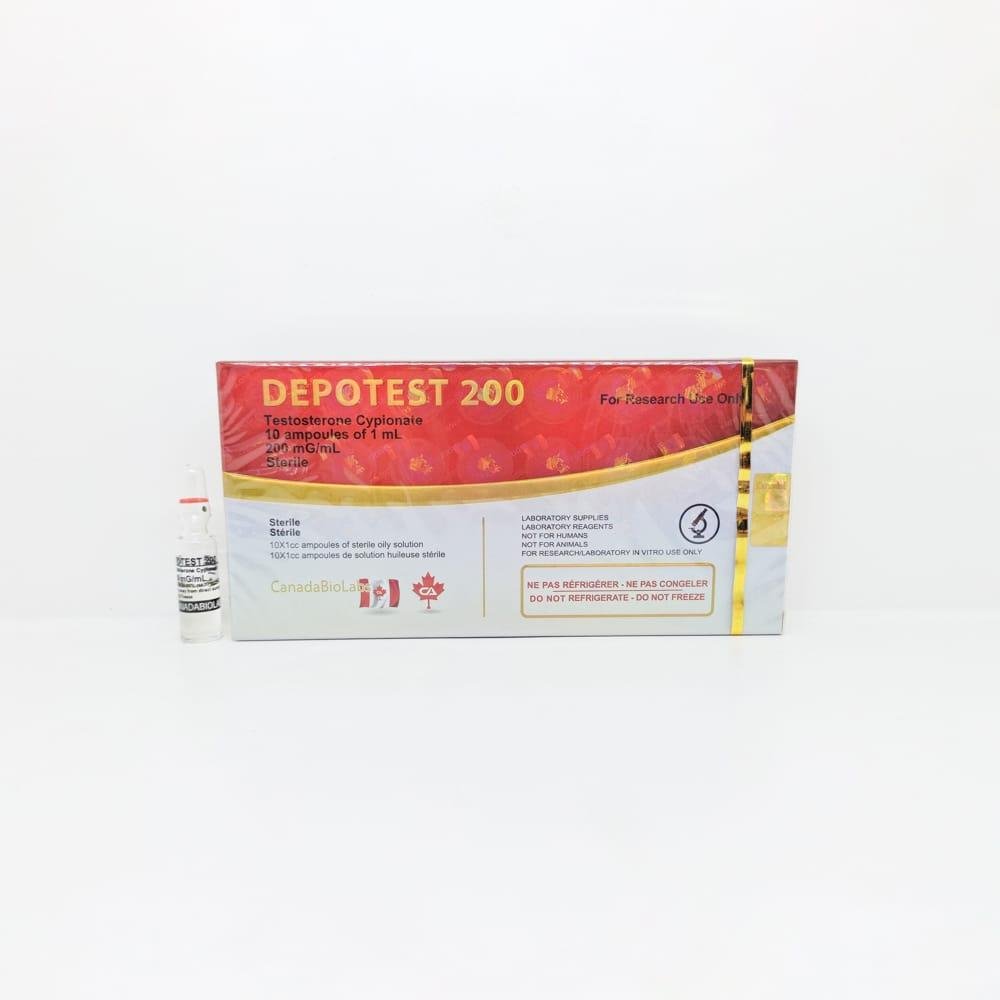 DEPOTEST 200 (Test C) 1ml CanadaBioLabs ampoule, representing a long-acting anabolic steroid used for muscle mass gain, strength enhancement, and hormone replacement therapy.