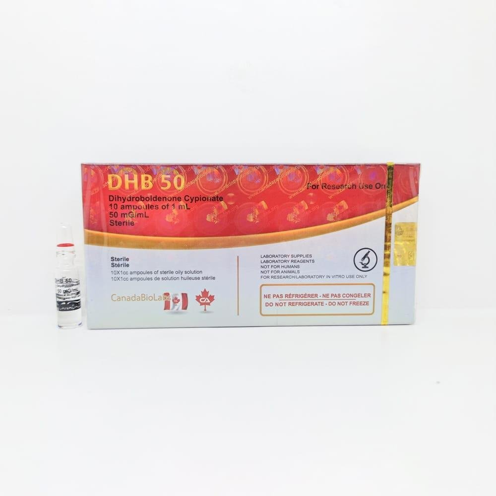 DHB 50 1ml CanadaBioLabs ampoule, representing a powerful anabolic steroid used for lean muscle gain, strength enhancement, and cutting cycles with minimal water retention.