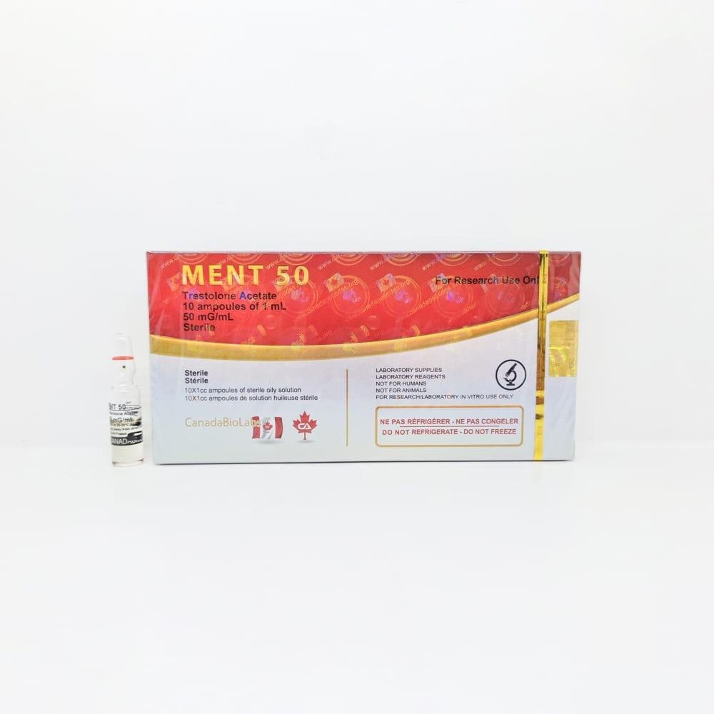 MENT 50 1ml CanadaBioLabs ampoule, representing a potent anabolic steroid used for rapid muscle mass and strength gains during intense bulking cycles.