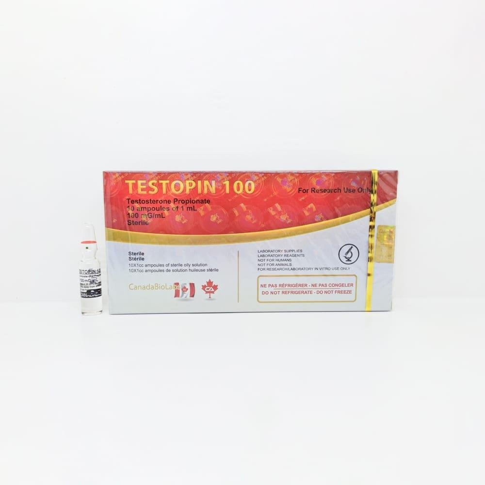 TESTOPIN 100 (Test P) 1ml CanadaBioLabs ampoule, representing a fast-acting anabolic steroid used for rapid muscle mass gain, strength enhancement, and cutting cycles.