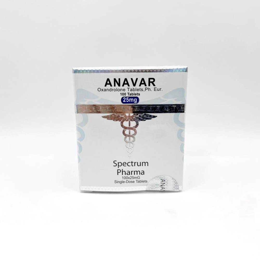 Anavar 25mg Spectrum Pharma blister pack, representing a powerful anabolic steroid used for lean muscle gain, strength enhancement, and cutting cycles.