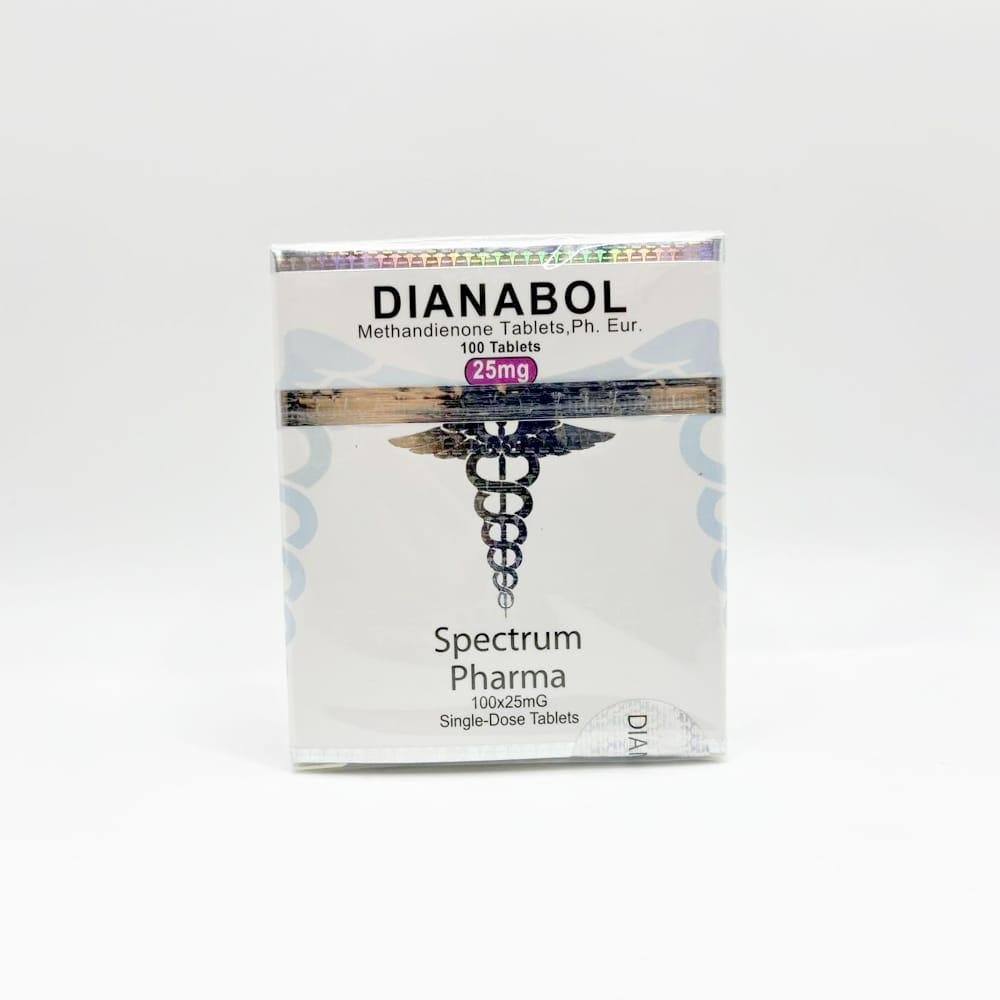 Dianabol 25mg Spectrum Pharma tablets in a blister pack, representing a high-dose anabolic steroid used for rapid muscle mass and strength enhancement during bulking cycles.