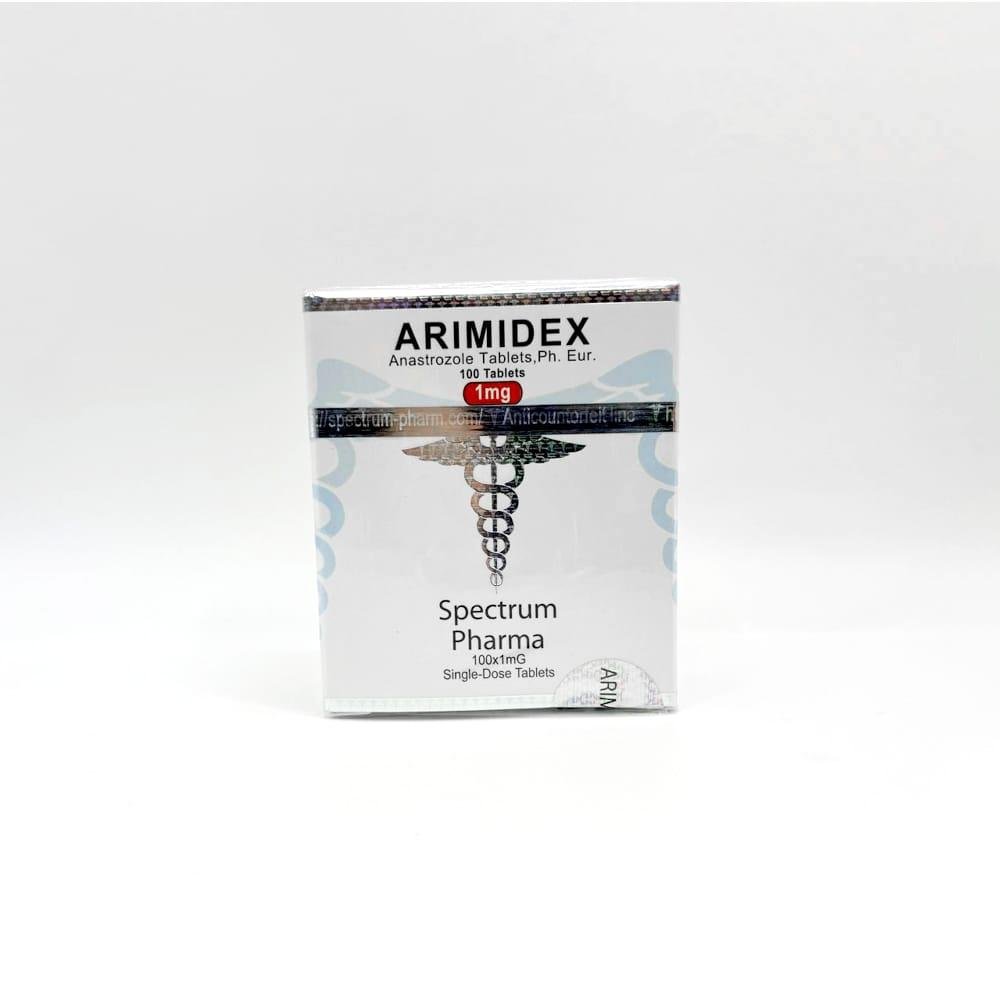 Arimidex 1MG Spectrum Pharma tablets in a blister pack, representing a potent aromatase inhibitor used for controlling estrogen levels during anabolic steroid cycles and post-cycle therapy.