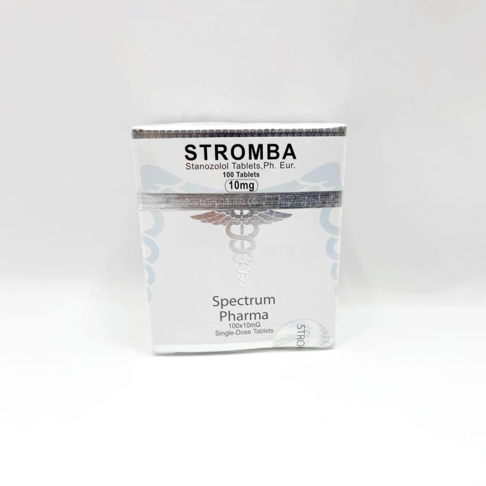 Stromba 10mg Spectrum Pharma tablets in a blister pack, representing a potent anabolic steroid used for lean muscle gain, strength enhancement, and cutting cycles.