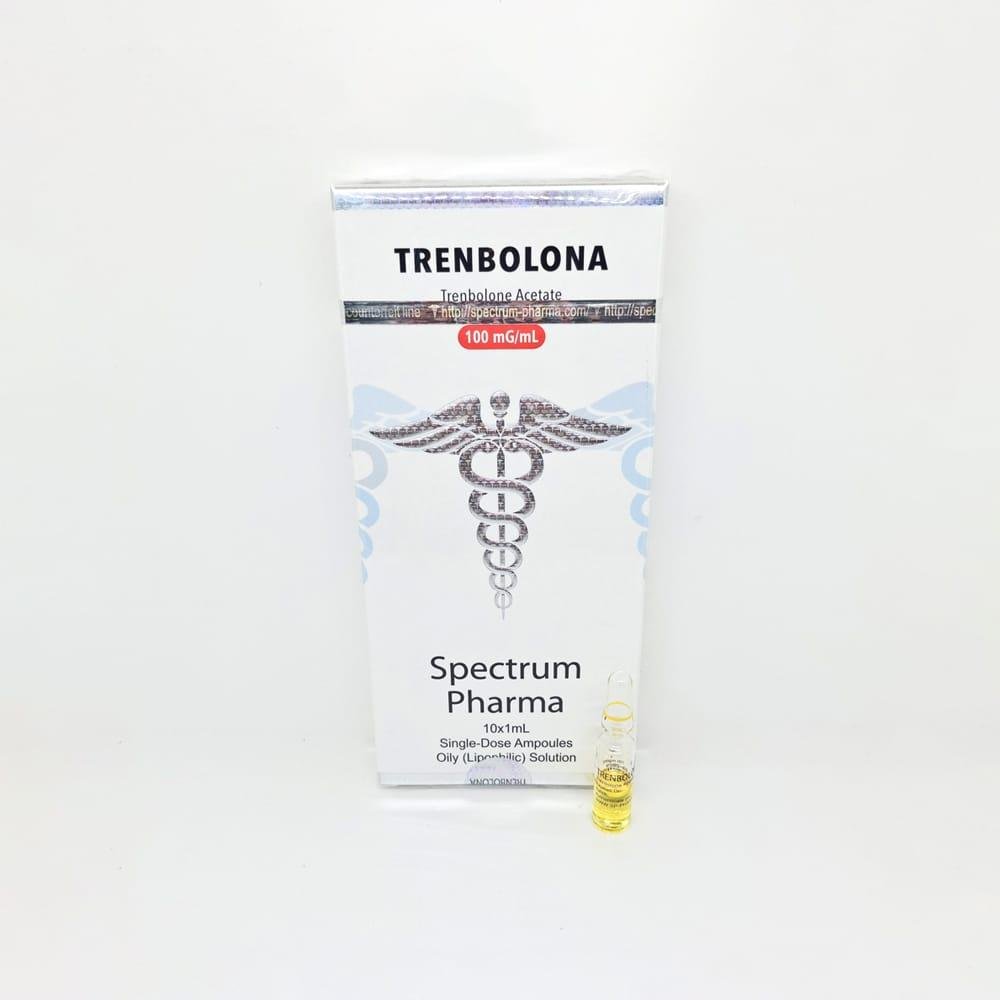 TRENBOLONA 100mg/ml 1ml Spectrum Pharma ampoule, representing a powerful anabolic steroid used for muscle mass gain, strength enhancement, and cutting cycles.