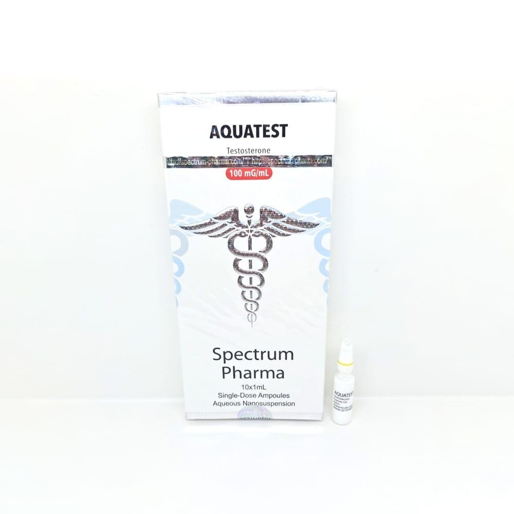 AQUATEST 100mg/ml 1ml Spectrum Pharma ampoule, representing a fast-acting anabolic steroid used for immediate muscle mass gains and strength enhancement during intense bulking cycles.