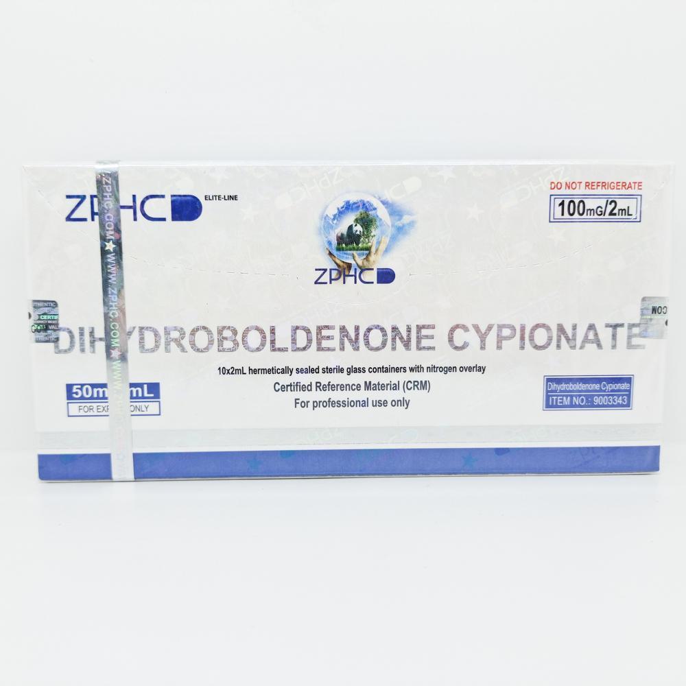 Dihydroboldenone Cypionate 50mg/ml 2ml ZPHC ampoule, representing a potent anabolic steroid used for lean muscle gain, strength enhancement, and cutting cycles with minimal water retention.