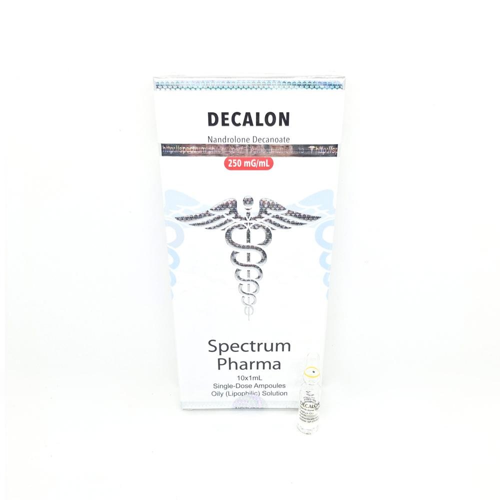 DECALON 250mg/ml 1ml Spectrum Pharma ampoule, representing a powerful anabolic steroid used for muscle mass gain, strength enhancement, and joint support during bulking cycles.