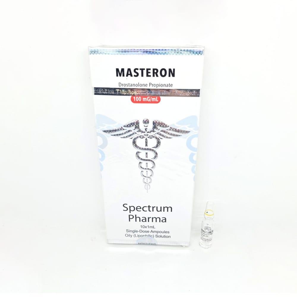 MASTERON 100mg/ml 1ml Spectrum Pharma ampoule, representing a potent anabolic steroid used for muscle hardening, strength enhancement, and cutting cycles.