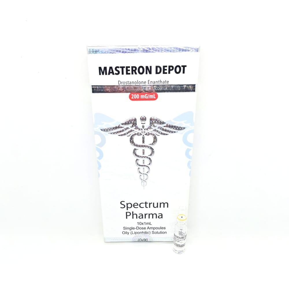 MASTERON DEPOT 200mg/ml 1ml Spectrum Pharma ampoule, representing a potent anabolic steroid used for muscle hardening, strength enhancement, and cutting cycles with long-lasting effects.