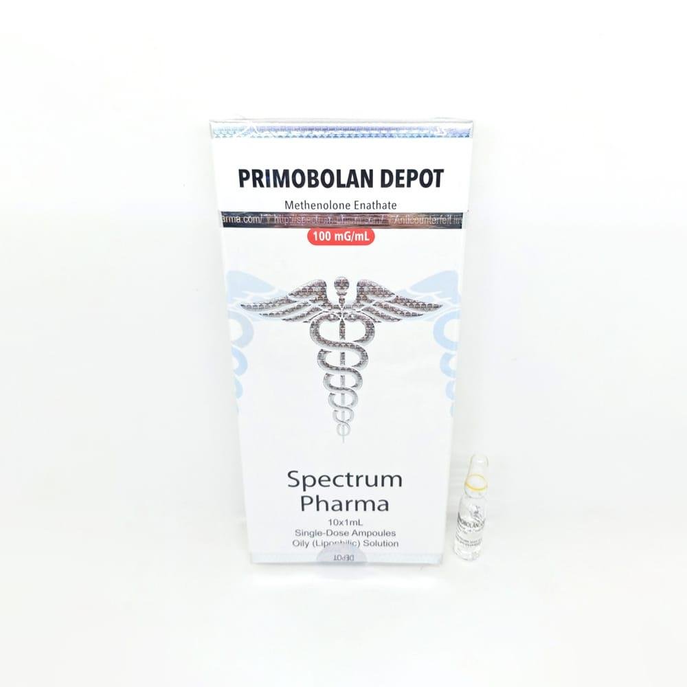 PRIMOBOLAN DEPOT 100mg/ml 1ml Spectrum Pharma ampoule, representing a mild anabolic steroid used for lean muscle gain, strength enhancement, and cutting cycles.