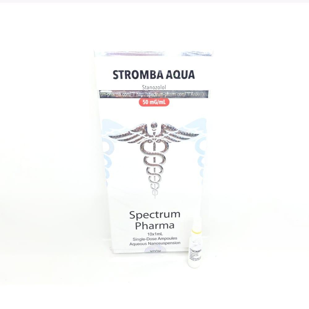 STROMBA AQUA 50mg/ml 1ml Spectrum Pharma ampoule, representing a popular anabolic steroid used for lean muscle preservation, strength enhancement, and achieving a dry, defined physique during cutting cycles.