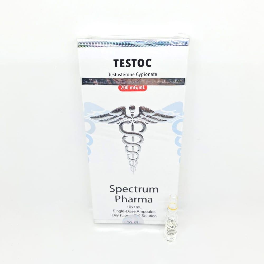 TESTOC 200mg/ml 1ml Spectrum Pharma ampoule, representing a long-acting anabolic steroid used for muscle mass gain, strength enhancement, and hormone replacement therapy.