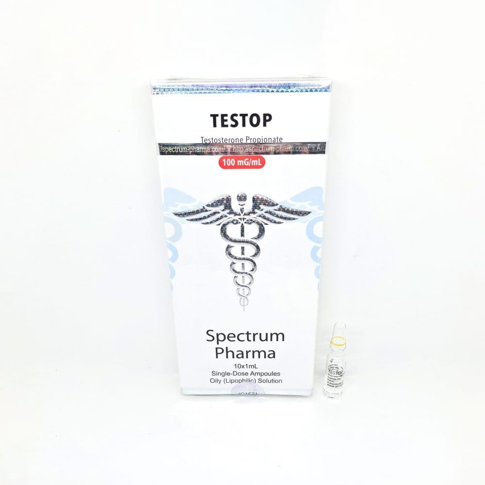 TESTOP 100mg/ml 1ml Spectrum Pharma ampoule, representing a fast-acting anabolic steroid used for rapid muscle mass gain, strength enhancement, and cutting cycles.