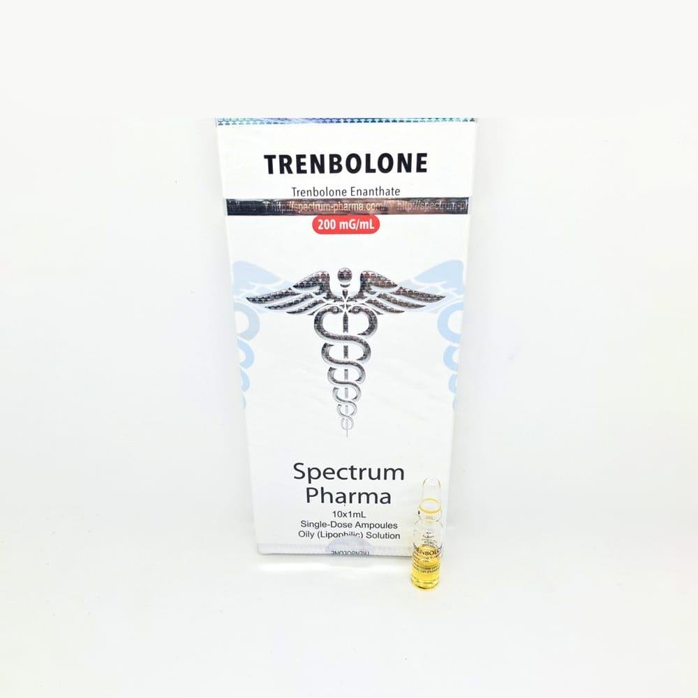 TRENBOLONE 200mg/ml 1ml Spectrum Pharma ampoule, representing a powerful anabolic steroid used for muscle mass gain, strength enhancement, and versatile use in both cutting and bulking cycles.