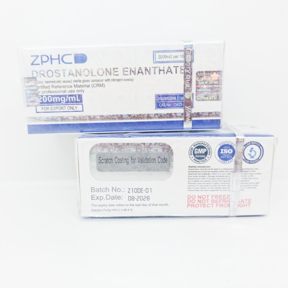 Drostanolone Enanthate 200mg/ml 10ml ZPHC vial, representing an anabolic steroid used for muscle hardening, strength enhancement, and fat loss during cutting cycles.