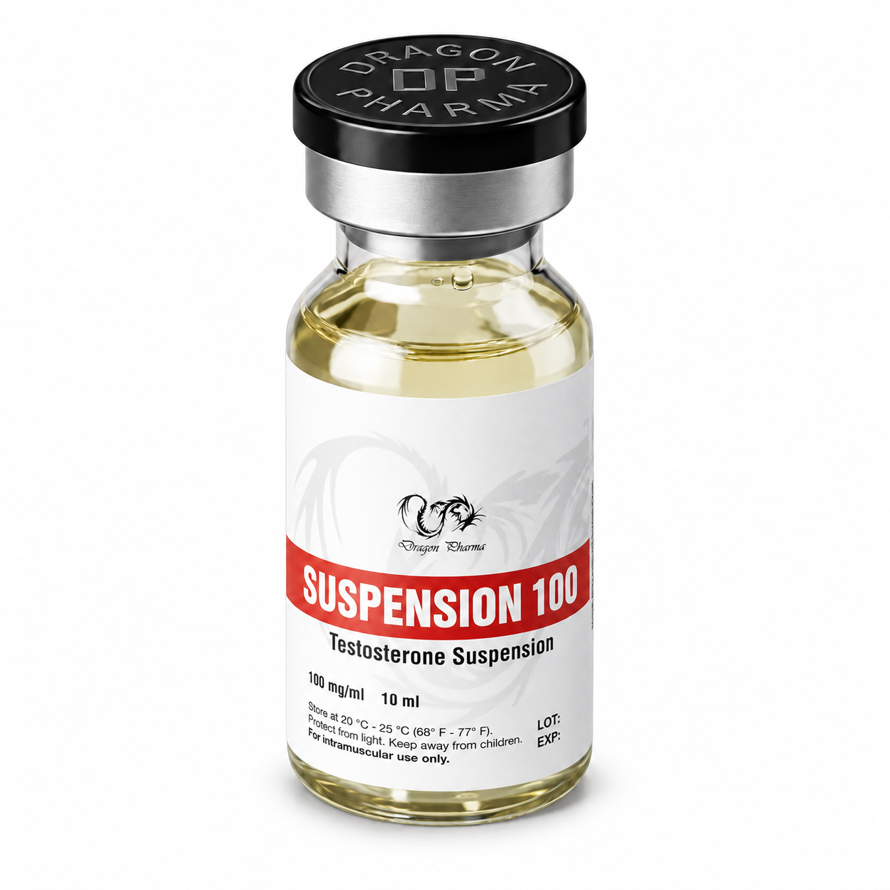 Dragon Pharma Suspension 100 vial, Testosterone Suspension 100 mg/ml, 10 ml, on a white background.