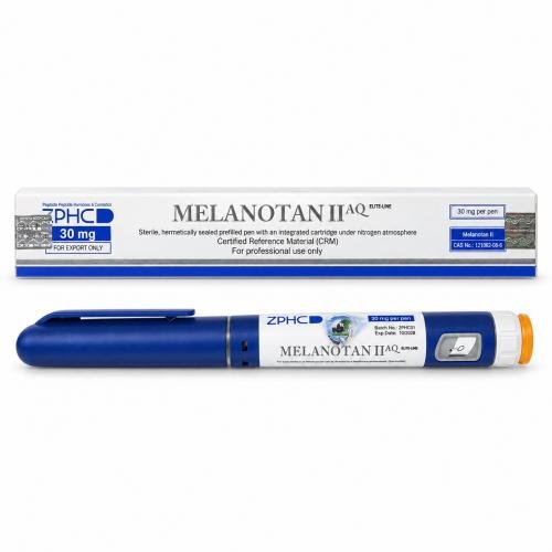 ZPHC Melanotan II AQ 30 mg prefilled pen with matching product box on a white background.