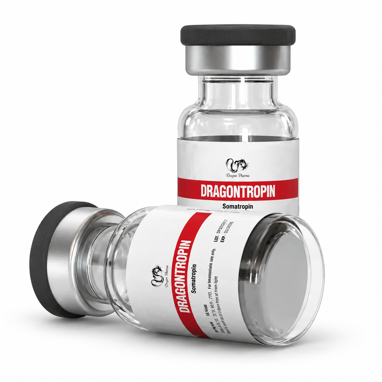 Dragontropin HGH 100 IU vials on white background