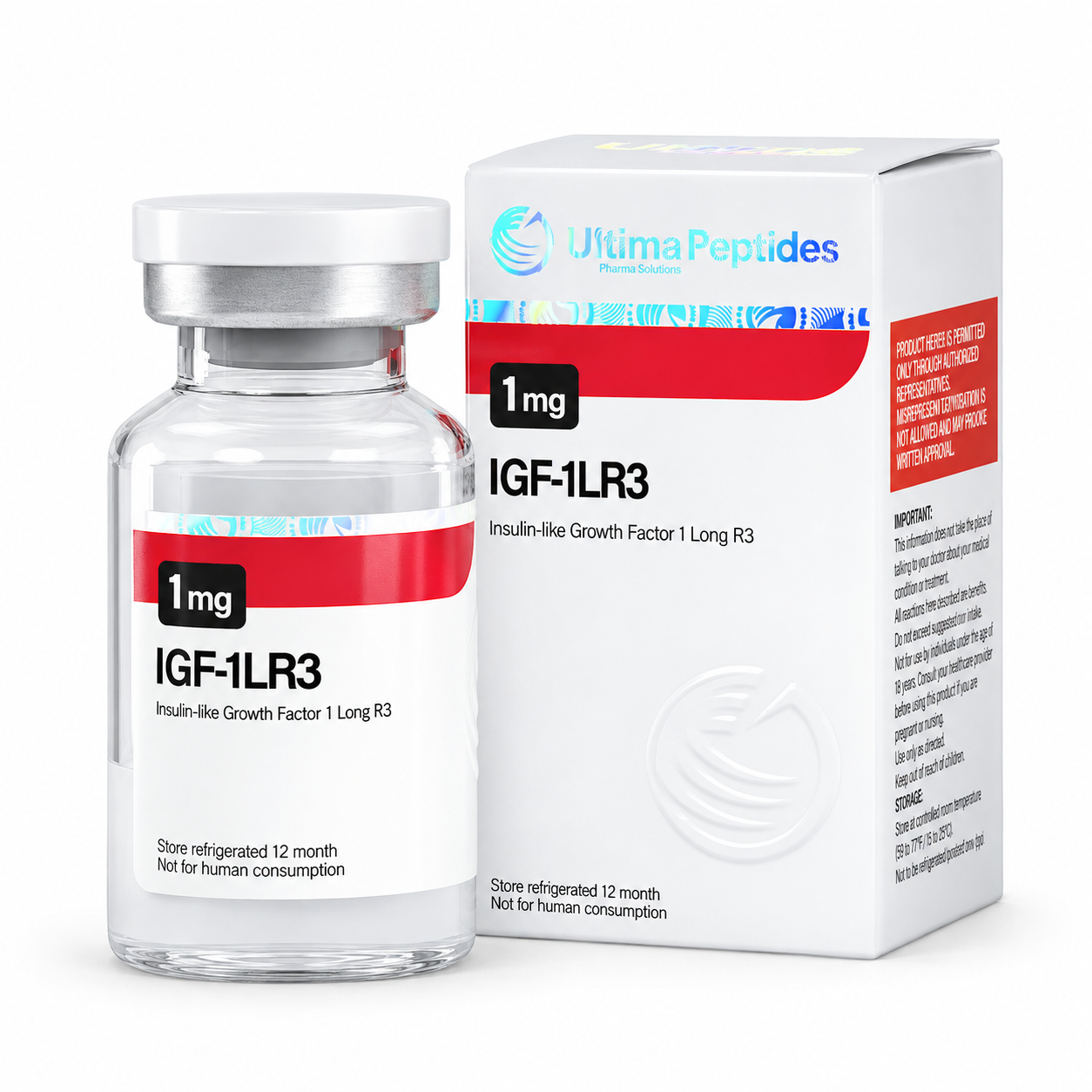 Ultima-IGF-1 LR3 1mg vial an box on white background