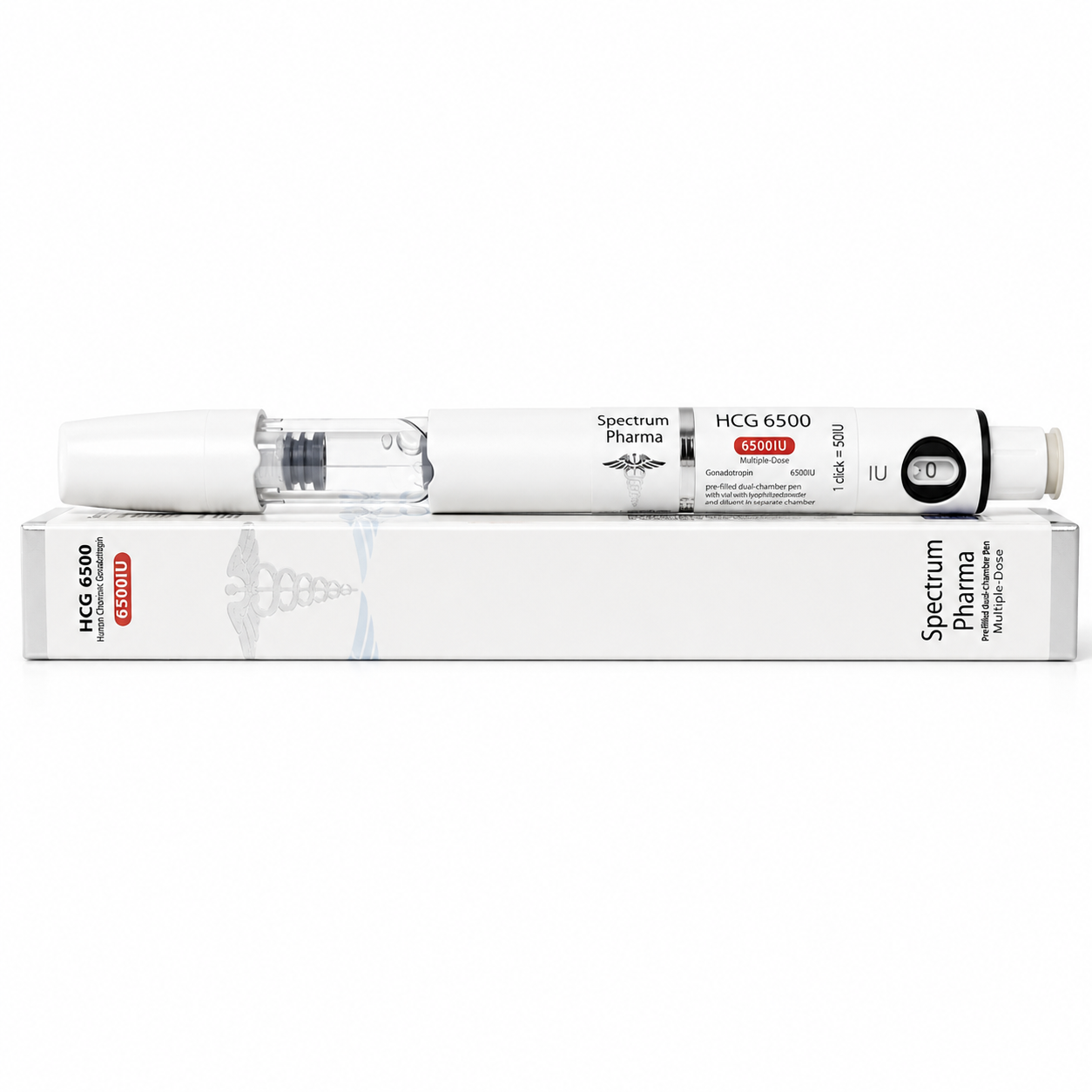 HCG 6500IU spectrum pharma PEN an box on white background