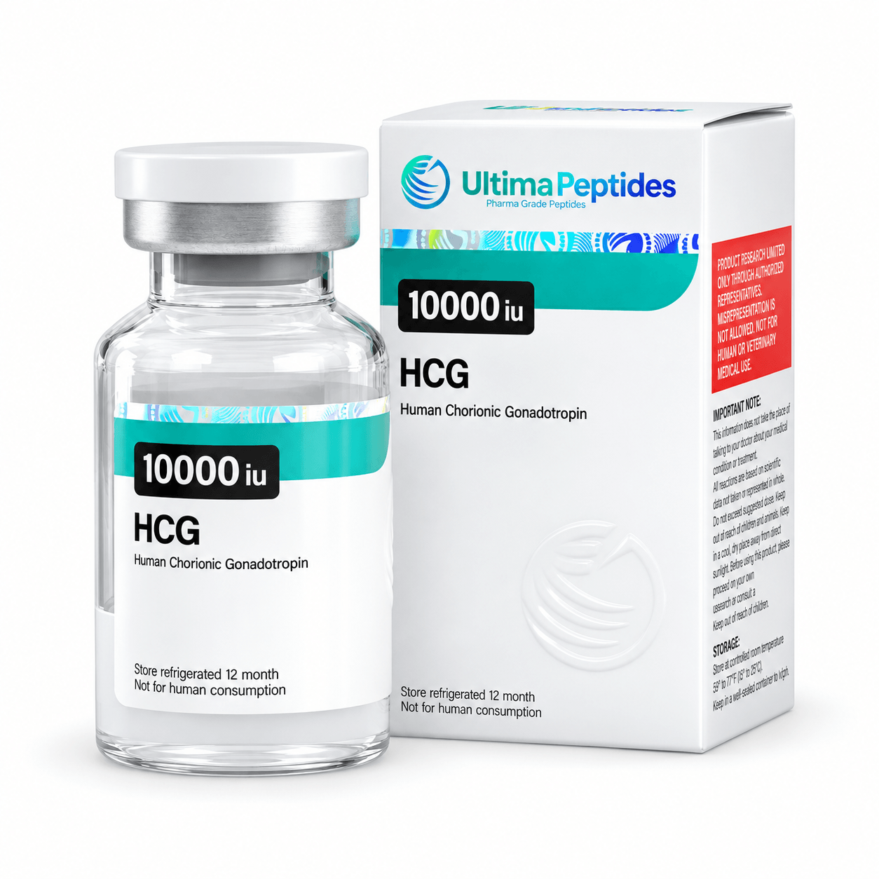 Ultima-HCG 5000IU vial and box on white background